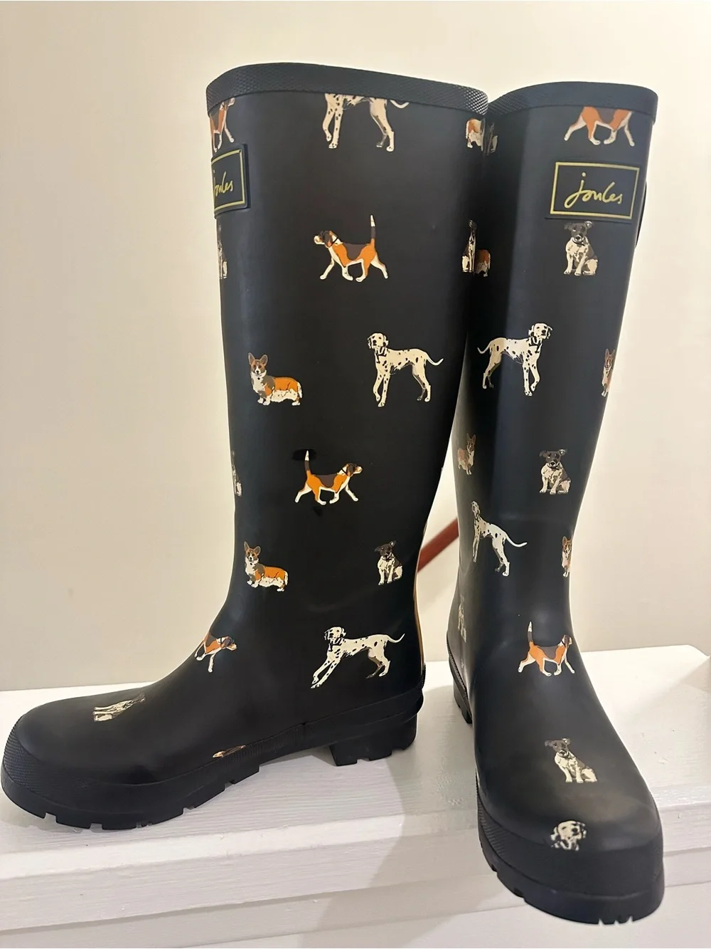 Joules Black Dog Print Tall Rain Boots Wellies EU 38 US 7.5/8